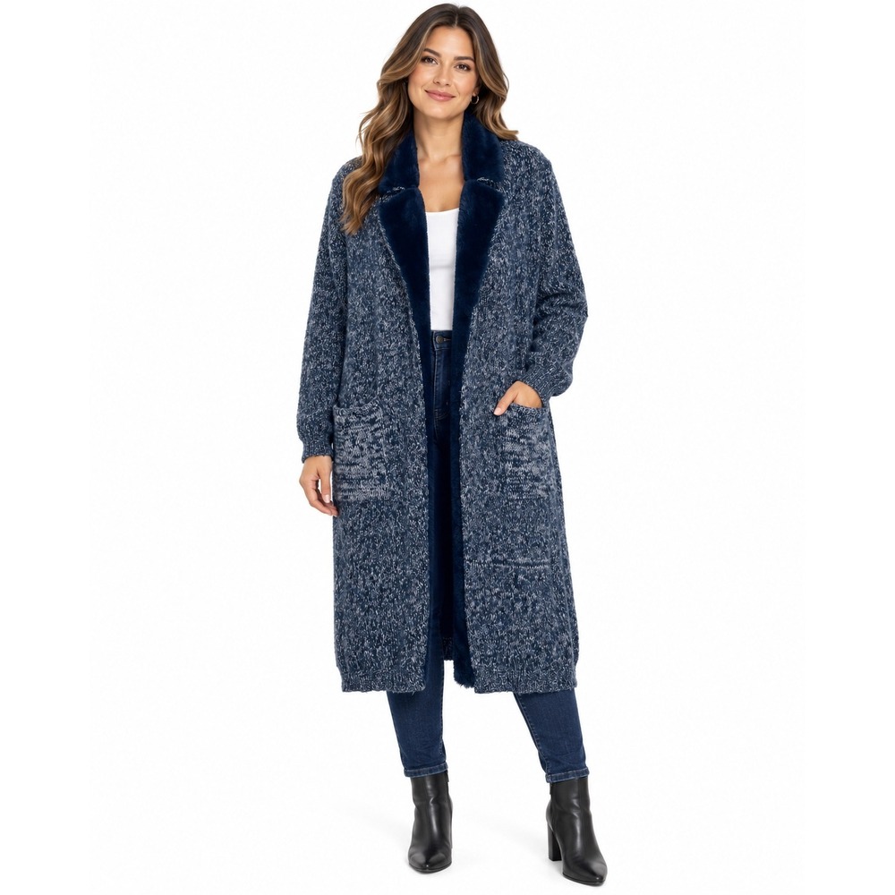 Emery Rose Blue Marled Longline Cardigan Faux Fur Trim Sweater Coat | XL